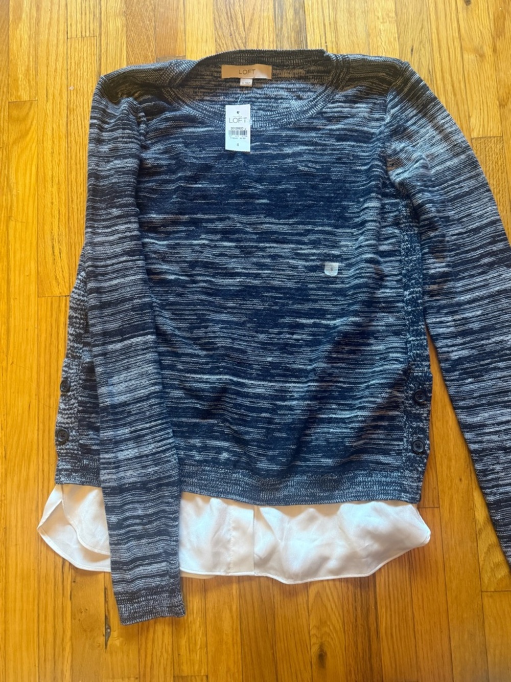 LOFT Navy & Heather Gray Marled Knit Faux Lauerrd Pullover